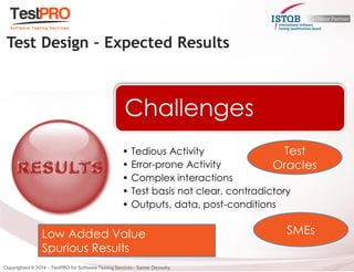 Challenges 
•Tedious Activity 
•Error-prone Activity 
•Complex interactions 
•Test basis not clear, contradictory 
•Outputs, data, post-conditions 
Test Design – Expected Results 
Test Oracles 
SMEs 
Low Added Value Spurious Results  