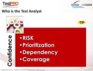 Confidence 
•RISK 
•Prioritization 
•Dependency 
•Coverage 
Who is the Test Analyst 
 