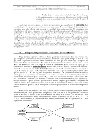 LFG – PROCESSO CIVIL – Aula 01 – Prof. Fernando Gajardoni – Intensivo II – 20/11/2009
TEORIA GERAL DO PROCESSO COLETIVO
Art. 94 - Proposta a ação, será publicado edital no órgão oficial, a fim de que
os interessados possam intervir no processo como litisconsortes, sem prejuízo de ampla
divulgação pelos meios de comunicação social por parte dos órgãos de defesa do
consumidor.
Aqui, mais uma vez, copiamos o sistema norteamericano, que eles chamam de fair notice. Pelo
princípio da fair notice, que adotamos aqui com o nome de princípio da ampla divulgação da demanda, o fato é
o seguinte: uma ação coletiva pode interessar a particular? Sem dúvida, que sim! Os particulares estão
sofrendo danos individuais exatamente por conta do fato discutido na ação coletiva. Exatamente por isso, o
estabelecido no art. 94. Ele estabelece que toda vez que haja uma ação coletiva, se promova uma ampla
divulgação por edital. O problema é que isso não funciona. No projeto, isso virá melhorado: será feito via
expediente que acesse diretamente a comunidade lesada. Você vai discutir numa ACP a questão de tarifa de
energia elétrica. Os consumidores de energia elétrica são os interessados. Hoje, essa comunicação é feita por
edital. No exemplo dado, pelo projeto, virá na conta, como forma de aviso: “existe uma ação civil pública
discutindo que o índice tal está errado. Se você quiser, se habilitar, fique à vontade”. Se discute questão
bancária, o aviso poderá vir no site do banco ou no extrato. Essa é a ideia. É trocar o edital por um meio de
divulgação mais eficaz.
4.9. Princípio da Integratividade do Microssistema Processual Coletivo
O que disciplina o processo coletivo no Brasil? Que lei é essa? Eu costumo dizer que a primeira coisa
que você precisa ter para estudar processo coletivo no Brasil é uma mesa grande. Porque há mais de 15 leis
que tratam de processo coletivo no Brasil. Exatamente por isso, que esse sistema que é composto por
inúmeras leis, forma um microssistema. No centro do microssistema haverá sempre duas leis: uma é a Lei de
Ação Civil Pública e a outra é o Código de Defesa do Consumidor. Essas duas leis têm aquilo que nós
chamamos no processo de norma de reenvio. Se você olhar o art. 90, do CDC, ele fala assim: aplica-se a
mim tudo o que está previsto na Lei de Ação Civil pública. Ele manda aplicar para ele tudo o que está na
LACP. Aí você vai na Lei de Ação Civil Pública e lá encontra o art. 21 que fala assim: “aplica-se a mim tudo o
que está previsto no CDC.” Ou seja, a Lei de Ação Civil Pública e o CDC compõem um núcleo de aplicação
central, pois tudo o que existe em uma aplica-se na outra e vice-versa. E aí, você faz aquela constatação
extremamente importante: eu posso aplicar o CDC numa ação civil pública ambiental. Claro que sim! “Mas
não é consumidor, Gajardoni.” Não interessa!! É que como existe essa norma de reenvio, você aplica o CDC
em ação ambiental. E pode, inclusive, aplica a inversão do ônus da prova, pois o sistema é integrado com
norma de reenvio. Isso quer dizer que você pode ter uma ACP discutindo o direito do idoso, com base no
Estatuto do Idoso e aplicar o CDC. É para aplicar! Exatamente porque se trata do núcleo central do processo
coletivo.
Como se isso não bastasse, e não basta, às vezes, o legislador tem disciplina específica para algumas
determinadas ações. Então, por exemplo, tem previsão sobre ACP no ECA, tem previsão no Estatuto do
Idoso, no Estatuto da Cidade, na Lei dos Deficientes, na Lei de Ação Popular, tem previsão na Lei de
Improbidade Administrativa. Então, gravitando como planetas ao redor do sol, que é a ACP e o CDC, o
ECA, o Estatuto do Idoso, o Estatuto da Cidade, a Lei dos Deficientes, a Lei de Ação Popular e a Lei de
improbidade administrativa.
Estatuto Lei de Ação
da Cidade Popular
Estatuto ACP
do Idoso CDC
Lei do Lei de Improbidade
Deficientes Administrativa
15
 