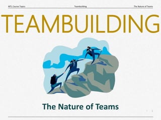 1
|
The Nature of Teams
Teambuilding
MTL Course Topics
The Nature of Teams
TEAMBUILDING
 