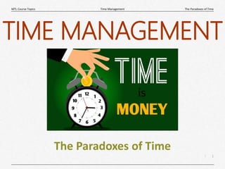 1
|
The Paradoxes of Time
Time Management
MTL Course Topics
The Paradoxes of Time
TIME MANAGEMENT
 