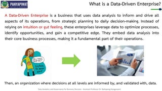 Data Analytics and Governance for Business Decision - Assistant Professor Dr. Nattapong Kongprasert
What is a Data-Driven Enterprise?
A Data-Driven Enterprise is a business that uses data analysis to inform and drive all
aspects of its operations, from strategic planning to daily decision-making. Instead of
relying on intuition or gut feeling, these enterprises leverage data to optimize processes,
identify opportunities, and gain a competitive edge. They embed data analysis into
their core business processes, making it a fundamental part of their operations.
Then, an organization where decisions at all levels are informed by, and validated with, data.
 