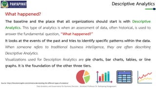 Data Analytics and Governance for Business Decision - Assistant Professor Dr. Nattapong Kongprasert
Descriptive Analytics
The baseline and the place that all organizations should start is with Descriptive
Analytics. This type of analytics is when an assessment of data, often historical, is used to
answer the fundamental question, “What happened?”
What happened?
It looks at the events of the past and tries to identify specific patterns within the data.
When someone refers to traditional business intelligence, they are often describing
Descriptive Analytics.
Visualizations used for Description Analytics are pie charts, bar charts, tables, or line
graphs. It is the foundation of the other three tiers.
Source: https://iterationinsights.com/article/understanding-the-different-types-of-analytics/
 