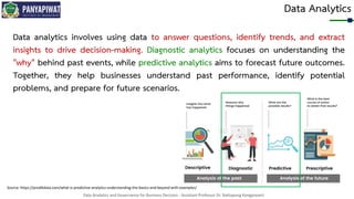 Data Analytics and Governance for Business Decision - Assistant Professor Dr. Nattapong Kongprasert
Data Analytics
Data analytics involves using data to answer questions, identify trends, and extract
insights to drive decision-making. Diagnostic analytics focuses on understanding the
"why" behind past events, while predictive analytics aims to forecast future outcomes.
Together, they help businesses understand past performance, identify potential
problems, and prepare for future scenarios.
Source: https://predikdata.com/what-is-predictive-analytics-understanding-the-basics-and-beyond-with-examples/
 