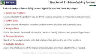 Data Analytics and Governance for Business Decision - Assistant Professor Dr. Nattapong Kongprasert
Structured Problem-Solving Process
1. Define the Problem:
Clearly articulate the problem you are trying to solve, ensuring it is measurable and observable.
2. Gather Data:
Collect relevant information to understand the current situation and potential causes.
3. Analyze Data:
Utilize the chosen framework to examine the data, identify patterns, and generate hypotheses.
4. Develop Solutions:
Based on the analysis, create potential solutions that address the identified problem.
5. Evaluate Solutions:
Assess the effectiveness of the implemented solutions and make adjustments as needed.
A structured problem-solving process typically involves these key stages:
 