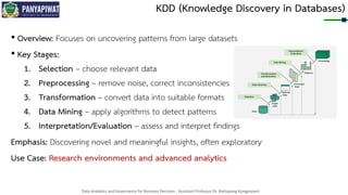Data Analytics and Governance for Business Decision - Assistant Professor Dr. Nattapong Kongprasert
KDD (Knowledge Discovery in Databases)
• Overview: Focuses on uncovering patterns from large datasets
• Key Stages:
1. Selection – choose relevant data
2. Preprocessing – remove noise, correct inconsistencies
3. Transformation – convert data into suitable formats
4. Data Mining – apply algorithms to detect patterns
5. Interpretation/Evaluation – assess and interpret findings
Emphasis: Discovering novel and meaningful insights, often exploratory
Use Case: Research environments and advanced analytics
 