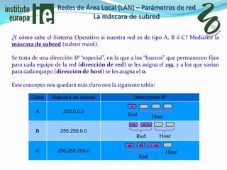 Redes de Área Local (LAN) – Parámetros de red
                              La máscara de subred

¿Y cómo sabe el Sistema Operativo si nuestra red es de tipo A, B ó C? Mediante la
máscara de subred (subnet mask).

Se trata de una dirección IP “especial”, en la que a los “huecos” que permanecen fijos
para cada equipo de la red (dirección de red) se les asigna el 255, y a los que varían
para cada equipo (dirección de host) se les asigna el 0.

Este concepto nos quedará más claro con la siguiente tabla:

        Clase   Máscara de subred                      Direcciones IP
                                                  10
                                                           .             .           .
          A          255.0.0.0
                                                Red                          Host
                                                                             Hos
                                                                 16 - 31
                                                  172
                                                           .                             .
          B         255.255.0.0
                                                        Red                          Host
                                                               168         0 - 255
                                                192
                                                       .             .               .
          C        255.255.255.0                                                             Host
                                                           Red
 
