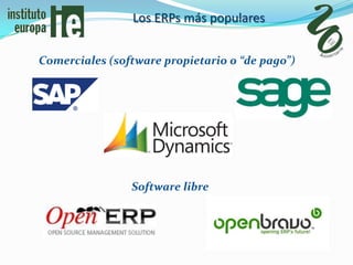 Los ERPs más populares


Comerciales (software propietario o “de pago”)




                Software libre
 