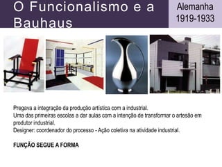 O Funcionalismo e a
Bauhaus
Pregava a integração da produção artística com a industrial.
Uma das primeiras escolas a dar aulas com a intenção de transformar o artesão em
produtor industrial.
Designer: coordenador do processo - Ação coletiva na atividade industrial.
FUNÇÃO SEGUE A FORMA
Alemanha
1919-1933
 