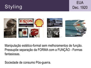 Styling
Manipulação estético-formal sem melhoramentos de função.
Pressupõe separação da FORMA com a FUNÇÃO - Formas
fantasiosas.
Sociedade de consumo Pós-guerra.
EUA
Dec. 1920
 