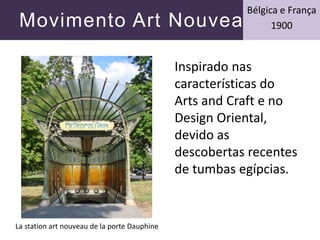 Movimento Art Nouveau
Bélgica e França
1900
Inspirado nas
características do
Arts and Craft e no
Design Oriental,
devido as
descobertas recentes
de tumbas egípcias.
La station art nouveau de la porte Dauphine
 
