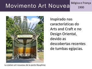 Movimento Art Nouveau
Bélgica e França
1900
Inspirado nas
características do
Arts and Craft e no
Design Oriental,
devido a...