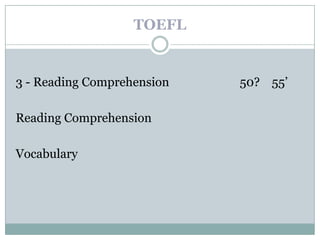 TOEFL


3 - Reading Comprehension   50? 55’

Reading Comprehension

Vocabulary
 