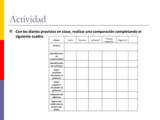 Actividad
   Con los diarios provistos en clase, realizar una comparación completando el
    siguiente cuadro
 