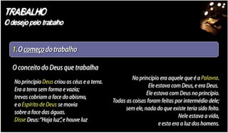 TRABALHO
O desejo pelo trabalho


   1.O começo do trabalho

   O conceito do Deus que trabalha
                                                         No princípio era aquele que é a Palavra.
   No princípio Deus criou os céus e a terra.
                                                                 Ele estava com Deus, e era Deus.
   Era a terra sem forma e vazia;
                                                                Ele estava com Deus no princípio.
   trevas cobriam a face do abismo,
                                                Todas as coisas foram feitas por intermédio dele;
   e o Espírito de Deus se movia
                                                      sem ele, nada do que existe teria sido feito.
   sobre a face das águas.
                                                                                Nele estava a vida,
   Disse Deus: “Haja luz” e houve luz
                         ,
                                                                      e esta era a luz dos homens.
 
