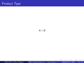 Product Type




                                              A×B




 Michal P´se (CTU in Prague)
         ıˇ                    Object Programming Lect. 1: Type Systems   September 21, 2010   13 / 30
 