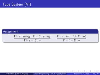Type System (VI)




Assignment
           Γ     I : string Γ E : string                   Γ      I : int Γ E : int
                      Γ I =E :                                     Γ I =E :




 Michal P´se (CTU in Prague)
         ıˇ                    Object Programming Lect. 1: Type Systems   September 21, 2010   26 / 30
 
