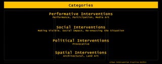 Categories Performative Interventions Performance, Participation, Media Art Social Interventions Making Visible. Social Impact, Re-enacting the Situation Political Interventions Provocative Spatial Interventions Architectural, Land Art 