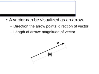 Geometric Representation
● A vector can be visualized as an arrow.
– Direction the arrow points: direction of vector
– Length of arrow: magnitude of vector
v
|v|
 