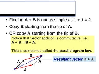 Vector Addition
● Finding A + B is not as simple as 1 + 1 = 2.
● Copy B starting from the tip of A.
● OR copy A starting from the tip of B.
A
B
A
B
Resultant vectorResultant vector AA ++ BBResultant vectorResultant vector BB ++ AA
Notice that vector addition is commutative, i.e.,
A + B = B + A.
This is sometimes called the parallelogram law.
 