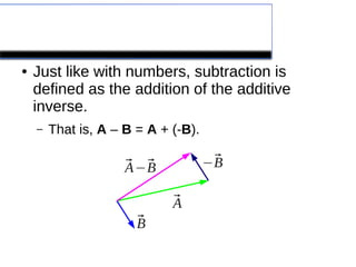 Vector Subtraction
● Just like with numbers, subtraction is
defined as the addition of the additive
inverse.
– That is, A – B = A + (-B).
⃗A
⃗B
−⃗B⃗A−⃗B
 
