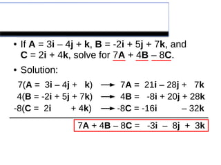 Example 1
● If A = 3i – 4j + k, B = -2i + 5j + 7k, and
C = 2i + 4k, solve for 7A + 4B – 8C.
● Solution:
7(A = 3i – 4j + k)
4(B = -2i + 5j + 7k)
-8(C = 2i + 4k)
7A = 21i – 28j + 7k
4B = -8i + 20j + 28k
-8C = -16i – 32k
7A + 4B – 8C = -3i – 8j + 3k
 
