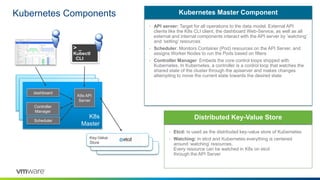 Kubernetes Components
• API server: Target for all operations to the data model. External API
clients like the K8s CLI client, the dashboard Web-Service, as well as all
external and internal components interact with the API server by ’watching’
and ‘setting’ resources
• Scheduler: Monitors Container (Pod) resources on the API Server, and
assigns Worker Nodes to run the Pods based on filters
• Controller Manager: Embeds the core control loops shipped with
Kubernetes. In Kubernetes, a controller is a control loop that watches the
shared state of the cluster through the apiserver and makes changes
attempting to move the current state towards the desired state
Kubernetes Master Component
• Etcd: Is used as the distributed key-value store of Kubernetes
• Watching: In etcd and Kubernetes everything is centered
around ‘watching’ resources.
Every resource can be watched in K8s on etcd
through the API Server
Distributed Key-Value Store
K8s master
K8s master
K8s
Master
Controller
Manager
K8s API
Server
> _
Kubectl
CLI
Key-Value
Store
dashboard
Scheduler
 