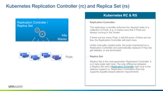 K8s
Master
Kubernetes Replication Controller (rc) and Replica Set (rs)
• Replication Controller:
The replication controller enforces the 'desired' state of a
collection of Pods. E.g. it makes sure that 4 Pods are
always running in the cluster
If there are too many Pods, it will kill some. If there are too
few, the Replication Controller will start more
Unlike manually created pods, the pods maintained by a
Replication Controller are automatically replaced if they fail,
get deleted, or are terminated
• Replica Set:
Replica Set is the next-generation Replication Controller. It
is in beta state right now. The only difference between
a Replica Set and a Replication Controller right now is the
selector support vs. Replication Controllers that only
supports equality-based selector requirements
Kubernetes RC & RS
Replication Controller /
Replica Set
Pods
 