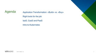 Agenda
3©2018 VMware, Inc.
Application Transformation: «Build» vs. «Buy»
Right tools for the job
IaaS, CaaS and PaaS
Intro to Kubernetes
 