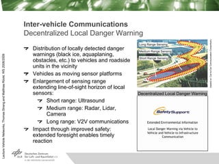 Lecture
Vehicle
Networks,
Thomas
Strang
and
Matthias
Röckl,
WS
2008/2009
Inter-vehicle Communications
Decentralized Local ...