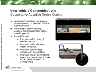 Lecture
Vehicle
Networks,
Thomas
Strang
and
Matthias
Röckl,
WS
2008/2009
Inter-vehicle Communications
Cooperative Adaptive...