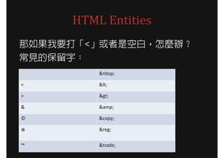 HTML Entities
Ҫ<ǿհףNk
Ҋı֣
         &nbsp;

<        &lt;

>        &gt;

&        &amp;

?        &copy;

         &reg;
?
?        &trade;
 