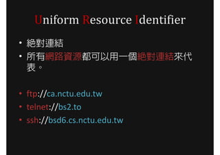 Uniform Resource Identifier
? ^BY
? оW·YԴһ^BY
  

? ftp://ca.nctu.edu.tw
? telnet://bs2.to
? ssh://bsd6.cs.nctu.edu.tw
 