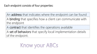 Each endpoint consists of four properties: 
An address that indicates where the endpoint can be found 
A binding that specifies how a client can communicate with 
the endpoint 
A contract that identifies the operations available 
A set of behaviors that specify local implementation details 
of the endpoint. 
 