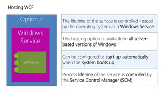 Hosting WCF 
Option 2 
Windows 
Service 
WCF Service 
The lifetime of the service is controlled instead 
by the operating system as a Windows Service 
This hosting option is available in all server-based 
versions of Windows 
Can be configured to start up automatically 
when the system boots up 
Process lifetime of the service is controlled by 
the Service Control Manager (SCM) 
 