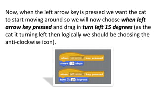 Now, when the left arrow key is pressed we want the cat
to start moving around so we will now choose when left
arrow key pressed and drag in turn left 15 degrees (as the
cat it turning left then logically we should be choosing the
anti-clockwise icon).
 