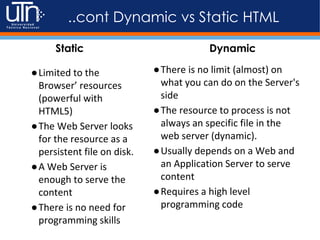 ●Limited to the
Browser’ resources
(powerful with
HTML5)
●The Web Server looks
for the resource as a
persistent file on disk.
●A Web Server is
enough to serve the
content
●There is no need for
programming skills
●There is no limit (almost) on
what you can do on the Server's
side
●The resource to process is not
always an specific file in the
web server (dynamic).
●Usually depends on a Web and
an Application Server to serve
content
●Requires a high level
programming code
..cont Dynamic vs Static HTML
Static Dynamic
 