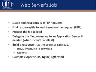 Web Server’s Job
• Listen and Responds to HTTP Requests
• Find resource/file to load based on the request (URL).
• Process the file to load
• Delegate the file processing to an Application Server if
needed (when it can’t handle it).
• Build a response that the browser can read.
– HTML, image, file to download
– Redirect
• Examples: Apache, IIS, Nginx, ligthhttpd
 