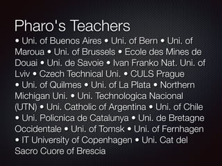 • Uni. of Buenos Aires • Uni. of Bern • Uni. of
Maroua • Uni. of Brussels • Ecole des Mines de
Douai • Uni. de Savoie • Ivan Franko Nat. Uni. of
Lviv • Czech Technical Uni. • CULS Prague 
• Uni. of Quilmes • Uni. of La Plata • Northern
Michigan Uni. • Uni. Technologica Nacional
(UTN) • Uni. Catholic of Argentina • Uni. of Chile
• Uni. Policnica de Catalunya • Uni. de Bretagne
Occidentale • Uni. of Tomsk • Uni. of Fernhagen
• IT University of Copenhagen • Uni. Cat del
Sacro Cuore of Brescia
Pharo's Teachers
 