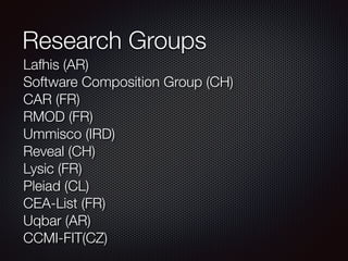 Lafhis (AR) 
Software Composition Group (CH) 
CAR (FR) 
RMOD (FR)
Ummisco (IRD)
Reveal (CH)
Lysic (FR) 
Pleiad (CL)
CEA-List (FR)
Uqbar (AR)
CCMI-FIT(CZ)
Research Groups
 