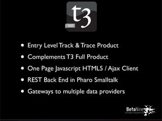 • Entry Level Track & Trace Product
• Complements T3 Full Product
• One Page Javascript HTML5 / Ajax Client
• REST Back End in Pharo Smalltalk
• Gateways to multiple data providers
 