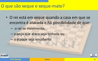 O rei está em xeque quando a casa em que se encontra é atacada e há possibilidade de que: o rei se movimente,a peça que ataca seja tomada ouo ataque seja encoberto12O que são xeque e xeque-mate?