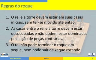 O rei e a torre devem estar em suas casas iniciais, sem ter-se movido até então.As casas entre o rei e a torre devem estar desocupadas e não podem estar dominadas pela ação de peças contrárias.O rei não pode terminar o roque em xeque, nem pode sair de xeque rocando.51Regras do roque
