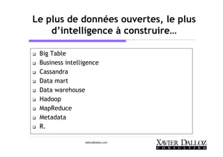 dalloz@dalloz.com
Le plus de données ouvertes, le plus
d’intelligence à construire…
Big Table
Business intelligence
Cassandra
Data mart
Data warehouse
Hadoop
MapReduce
Metadata
R.
 