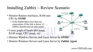 Installing Zabbix – Review Scenario
• Monitor Routers interfaces, RAM and
CPU by SNMP
• If the bandwidth is less than my
expectation, if the link is down, if….,
Zabbix should send an alert email
• Create graph of bandwidth usage,
RAM usage, CPU usage, etc.
• Monitor Windows Servers and Linux Server by SNMP
• Monitor Windows Servers and Linux Server by Zabbix Agent
 