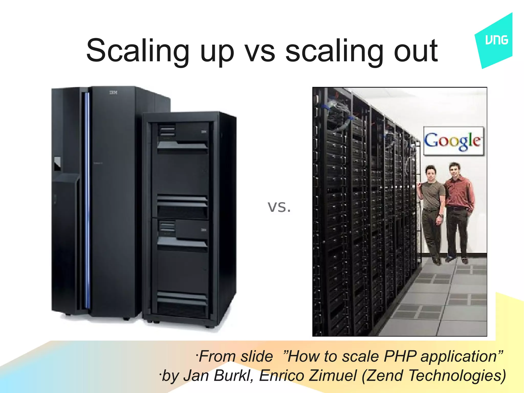 Scaling up vs scaling out




          •
            From slide ”How to scale PHP application”
     •
       by Jan Burkl, Enrico Zimuel (Zend Technologies)
 