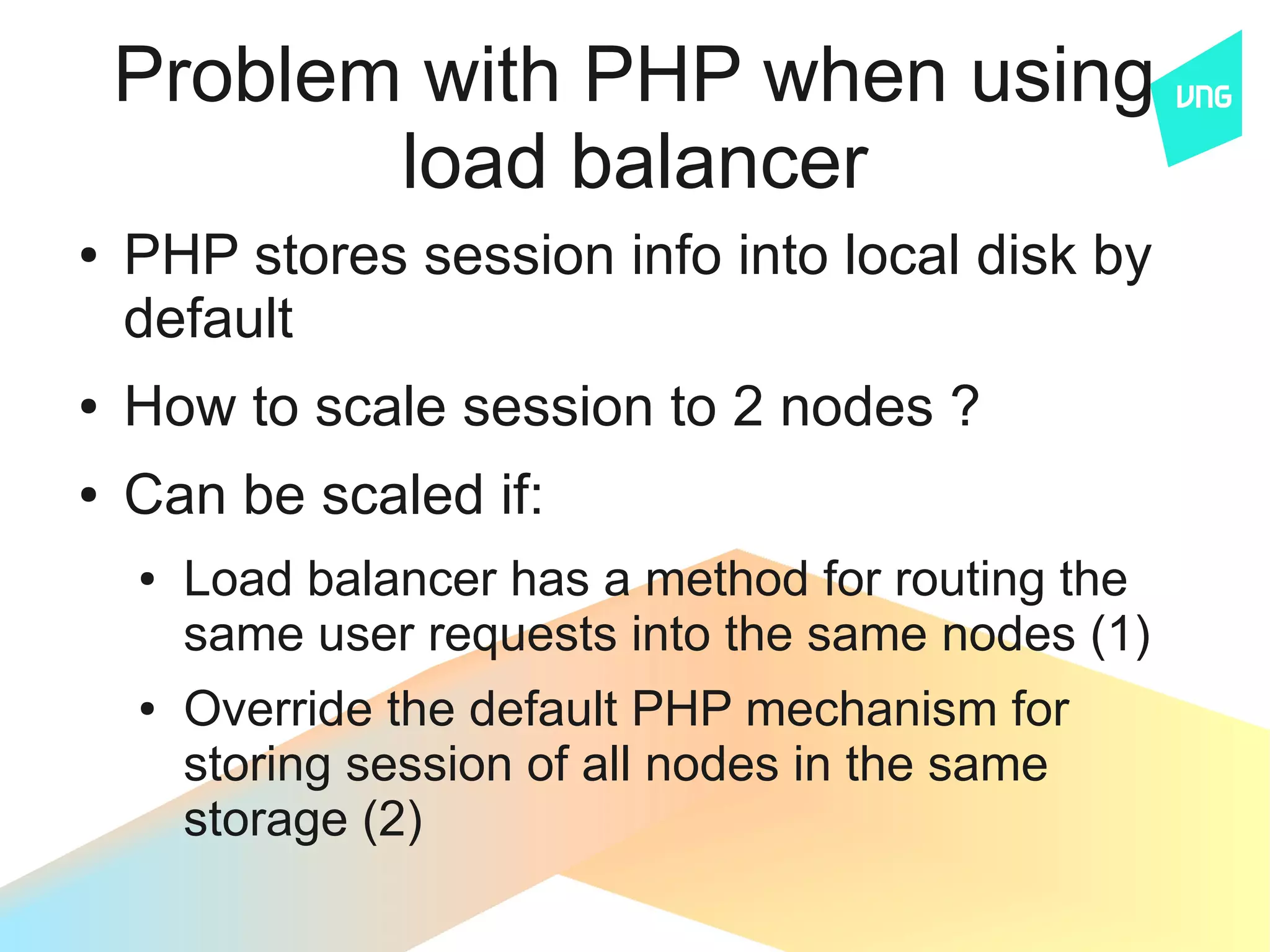 Problem with PHP when using
           load balancer
●   PHP stores session info into local disk by
    default
●   How to scale session to 2 nodes ?
●   Can be scaled if:
    ●   Load balancer has a method for routing the
        same user requests into the same nodes (1)
    ●   Override the default PHP mechanism for
        storing session of all nodes in the same
        storage (2)
 