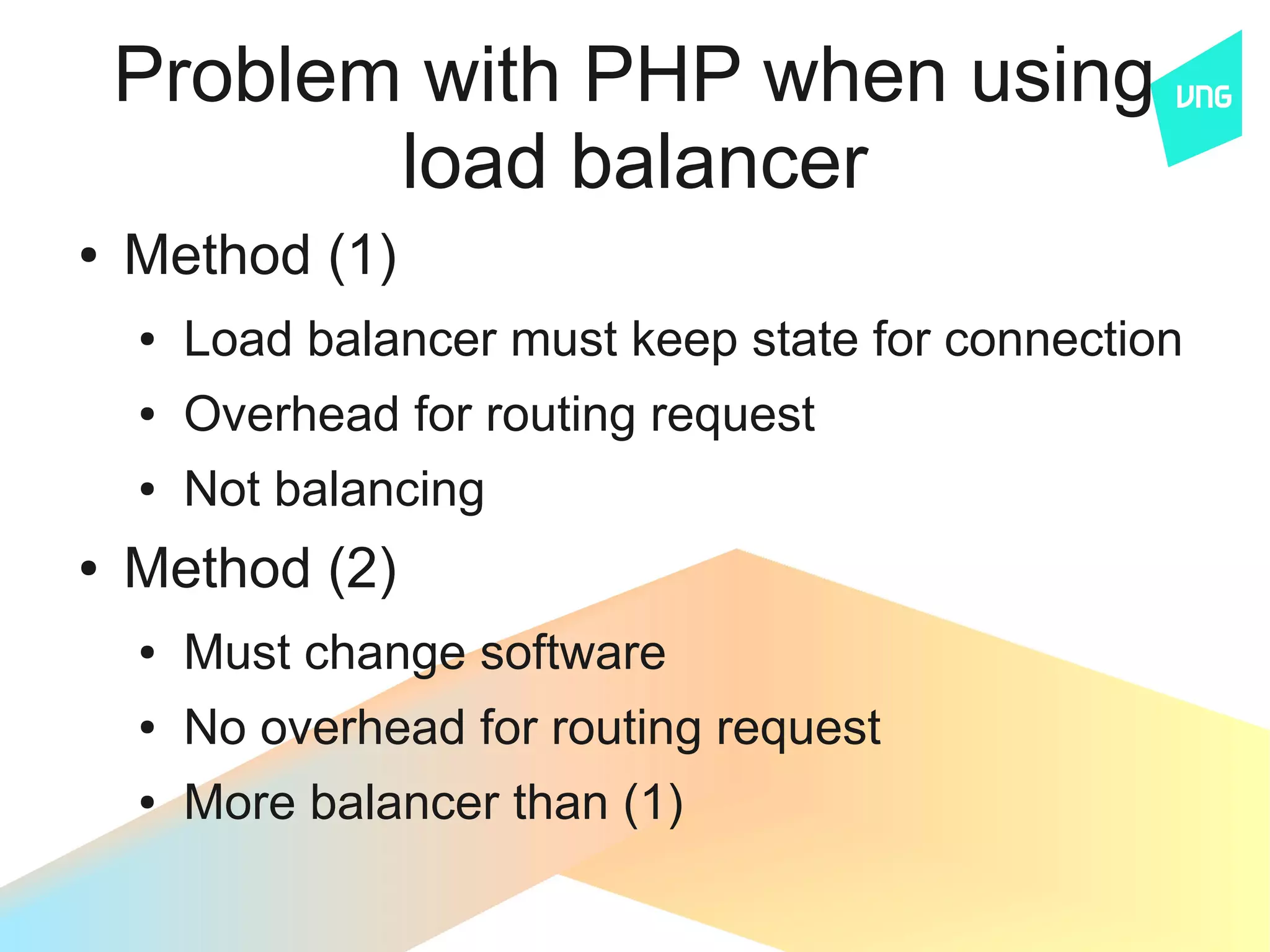 Problem with PHP when using
           load balancer
●   Method (1)
    ●   Load balancer must keep state for connection
    ●   Overhead for routing request
    ●   Not balancing
●   Method (2)
    ●   Must change software
    ●   No overhead for routing request
    ●   More balancer than (1)
 