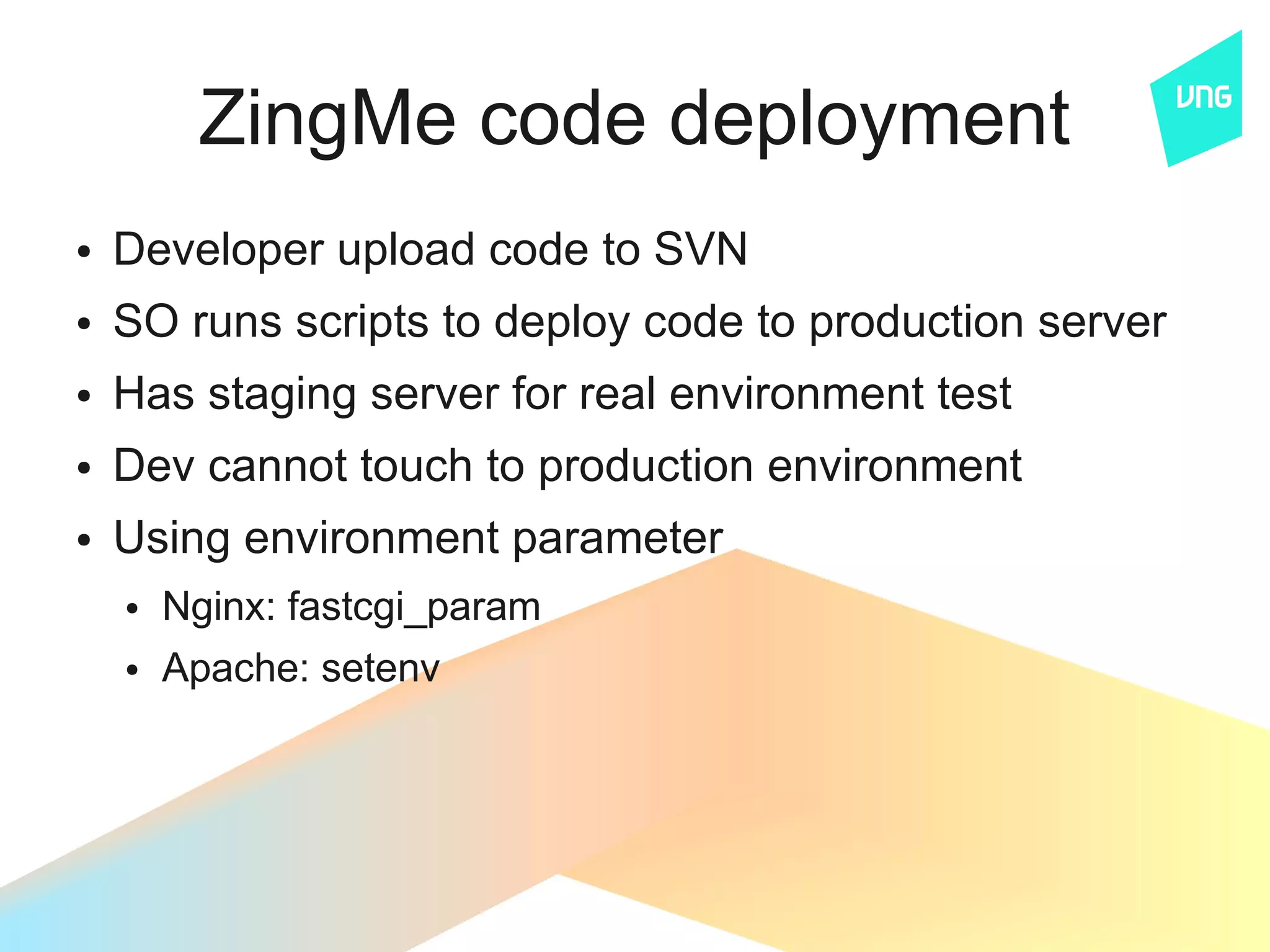 ZingMe code deployment
●   Developer upload code to SVN
●   SO runs scripts to deploy code to production server
●   Has staging server for real environment test
●   Dev cannot touch to production environment
●   Using environment parameter
    ●   Nginx: fastcgi_param
    ●   Apache: setenv
 