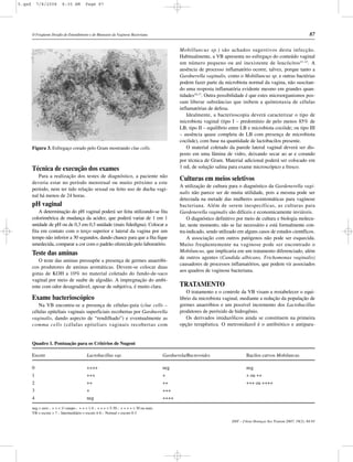 5.qxd       7/8/2008       8:35 AM        Page 87




        O Freqüente Desafio do Entendimento e do Manuseio da Vaginose Bacteriana                                                                                       87

                                                                                               Mobilluncus sp.) são achados sugestivos desta infecção.
                                                                                               Habitualmente, a VB apresenta no esfregaço do conteúdo vaginal
                                                                                               um número pequeno ou até inexistente de leucócitos 21-23. A
                                                                                               ausência de processo inflamatório ocorre, talvez, porque tanto a
                                                                                               Gardnerella vaginalis, como o Mobilluncus sp. e outras bactérias
                                                                                               podem fazer parte da microbiota normal da vagina, não suscitan-
                                                                                               do uma resposta inflamatória evidente mesmo em grandes quan-
                                                                                               tidades16,17. Outra possibilidade é que estes microorganismos pos-
                                                                                               sam liberar substâncias que inibem a químiotaxia de células
                                                                                               inflamatórias de defesa.
                                                                                                   Idealmente, a bacterioscopia deverá caracterizar o tipo de
                                                                                               microbiota vaginal (tipo I – predomínio de pelo menos 85% de
                                                                                               LB; tipo II – equilíbrio entre LB e microbiota cocóide; ou tipo III
                                                                                               – ausência quase completa de LB com presença de microbiota
                                                                                               cocóide), com base na quantidade de lactobacilos presente.
        Figura 3. Esfregaço corado pelo Gram mostrando clue cells.                                 O material coletado da parede lateral vaginal deverá ser dis-
                                                                                               posto em uma lâmina de vidro, deixando secar ao ar e corando
                                                                                               por técnica de Gram. Material adicional poderá ser colocado em
        Técnica de execução dos exames                                                         1 mL de solução salina para exame microscópico a fresco.
           Para a realização dos testes de diagnóstico, a paciente não
                                                                                               Culturas em meios seletivos
        deveria estar no período menstrual ou muito próximo a este
                                                                                               A utilização de cultura para o diagnóstico da Gardenerella vagi-
        período, nem ter tido relação sexual ou feito uso de ducha vagi-
                                                                                               nalis não parece ser de muita utilidade, pois a mesma pode ser
        nal há menos de 24 horas.
                                                                                               detectada na metade das mulheres assintomáticas para vaginose
        pH vaginal                                                                             bacteriana. Além de serem inespecíficas, as culturas para
            A determinação do pH vaginal poderá ser feita utilizando-se fita                   Gardenerella vaginalis são difíceis e economicamente inviáveis.
        colorimétrica de mudança da acidez, que poderá variar de 1 em 1                            O diagnóstico definitivo por meio de cultura e biologia molecu-
        unidade de pH ou de 0,3 em 0,3 unidade (mais fidedigna). Colocar a                     lar, neste momento, não se faz necessário e está formalmente con-
        fita em contato com o terço superior e lateral da vagina por um                        tra-indicado, sendo utilizado em alguns casos de estudos científicos.
        tempo não inferior a 30 segundos, dando chance para que a fita fique                       A associação com outros patógenos não pode ser esquecida.
        umedecida, comparar a cor com o padrão oferecido pelo laboratório.                     Muito freqüentemente na vaginose pode ser encontrado o
        Teste das aminas                                                                       Mobiluncus, que implicaria em um tratamento diferenciado, além
                                                                                               de outros agentes (Candida albicans, Trichomonas vaginalis)
           O teste das aminas pressupõe a presença de germes anaeróbi-
                                                                                               causadores de processos inflamatórios, que podem vir associados
        cos produtores de aminas aromáticas. Devem-se colocar duas
                                                                                               aos quadros de vaginose bacteriana.
        gotas de KOH a 10% no material coletado do fundo-de-saco
        vaginal por meio de suabe de algodão. A impregnação do ambi-
        ente com odor desagradável, apesar de subjetiva, é muito clara.                        TRATAMENTO
                                                                                                   O tratamento e o controle da VB visam a restabelecer o equi-
        Exame bacterioscópico                                                                  líbrio da microbiota vaginal, mediante a redução da população de
           Na VB encontra-se a presença de células-guia (clue cells –                          germes anaeróbios e um possível incremento dos Lactobacillus
        células epiteliais vaginais superficiais recobertas por Gardnerella                    produtores de peróxido de hidrogênio.
        vaginalis, dando aspecto de “rendilhado”) e eventualmente as                               Os derivados imidazólicos ainda se constituem na primeira
        comma cells (células epiteliais vaginais recobertas com                                opção terapêutica. O metronidazol é o antibiótico e antipara-


        Quadro 1. Pontuação para os Critérios de Nugent

        Escore                            Lactobacillus ssp.                            Gardnerela/Bacteroides                   Bacilos curvos Mobiluncus

        0                                 ++++                                          neg                                      neg
        1                                 +++                                           +                                        + ou ++
        2                                 ++                                            ++                                       +++ ou ++++
        3                                 +                                             +++
        4                                 neg                                           ++++

        neg = zero ; + = < 1/ campo ; + + = 1-4 ; + + + = 5-30 ; + + + + = 30 ou mais
        VB = escore > 7 ; Intermediário = escore 4-6 ; Normal = escore 0-3

                                                                                                                         DST – J bras Doenças Sex Transm 2007; 19(2): 84-91
 